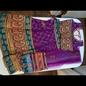 Lengha/chaniya, choli and dupatta (skirt, top and scarf).